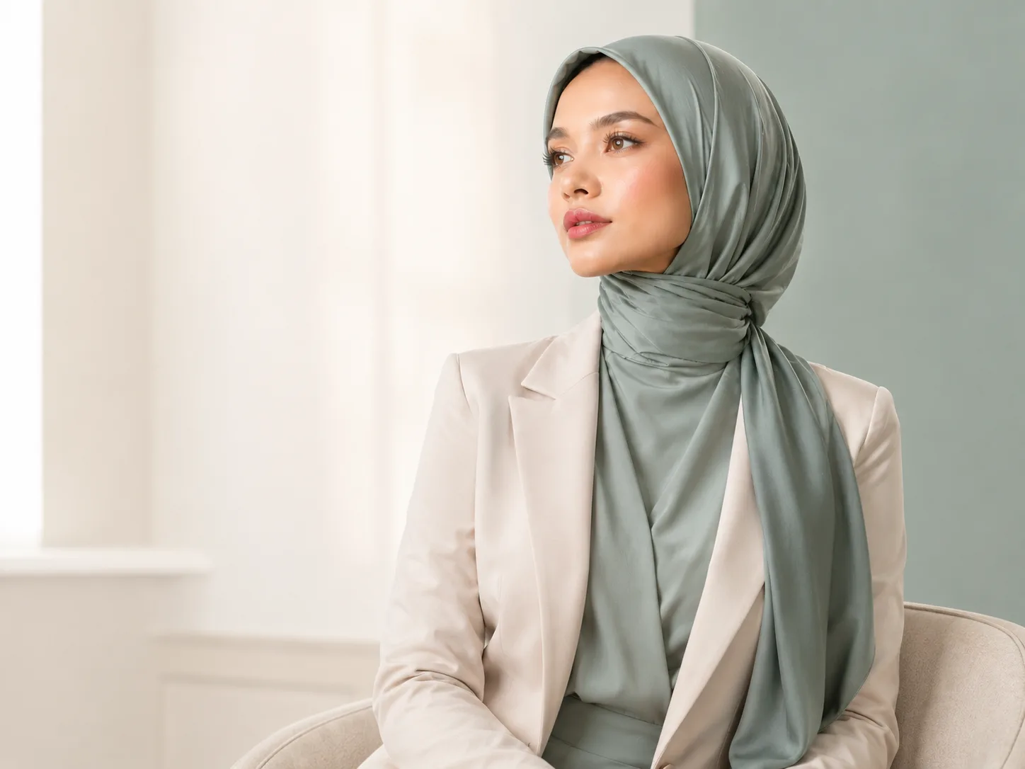 Ilustrasi Lira, psikolog, duduk dalam blazer sage di ruangan dengan cahaya hangat